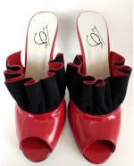Red & Black high heeled leather Peep toe Mule